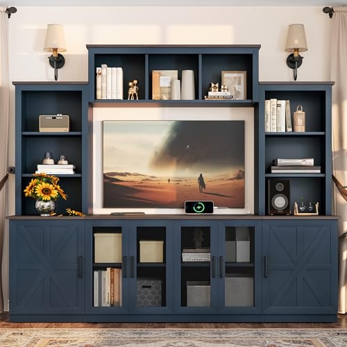 LUMISOL 4-Piece Entertainment Center Wall Unit for TVs up to 55, Farmhouse Large TV Stand with Bookshelves, 6 Doors & Charging Stations, Rustic Large Media Console for Living Room, Blue