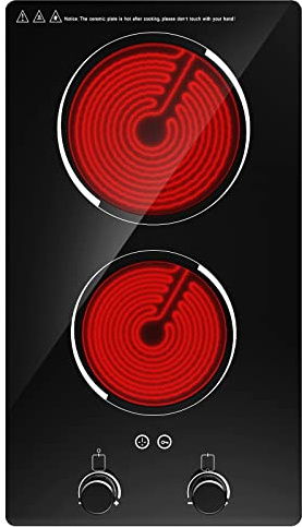 Nafewin 30cm Electric Hob, 3000W Ceramic Hob with Knob Touch Control | 2 Zone Hot Plate with Child Lock, 9 Power Levels, 99min Timer, Built‑in or Countertop for Kitchen and Campervans