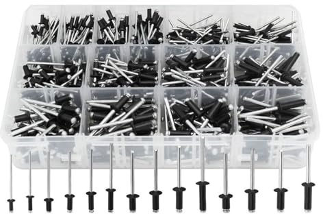 Kit de remaches ciegos con cabeza de seta de acero inoxidable 304, 500 Uds., remaches abiertos de cabeza redonda negra en 14 tamaños for bricolaje y reparación(Silver)
