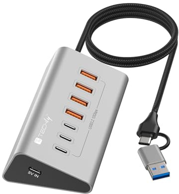 Techly 623691 Hub USB 3.2 Gen2 de 4 puertos USB-A, 3p USB-C de metal plateado