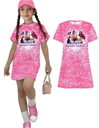 HTHLVMD K Pop Outfits for Girls Short Sleeve T-Shirt Long Dress Cute Hunters Rumi Mira Zoey Graphic Dresses De-Mon Costume A10 Hot Pink 5-6 years