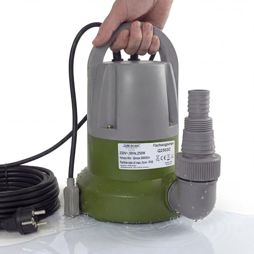 CHM GmbH® - Pompa a aspirazione piatta fino a 1 mm, 250 Watt, con galleggiante integrato e protezione contro il surriscaldamento
