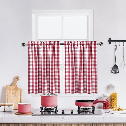 Bapawfish Red White Cafe Kitchen Curtains 45 Inches Length,Burgundy Buffalo Check Pattern Short Bathroom Window Curtain,Plaid Gingham Design Half Window Tier Curtains,28x45,Red/White,Set of 2