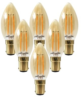 paul russells LED Candle Filament Light – 2.5W 20W Equivalent Replacement, 200LM Lumens, 2200K Extra Warm White, SBC B15 Small Bayonet Cap C35 Bulbs – Energy Saving Non-Dimmable Lamps - Pack of 6