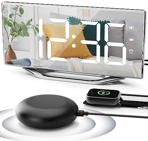 Extra Loud Vibrating Alarm Clock with Bed Shaker for Deep Sleepers Adult Hearing impaired Deaf, Dual Alarms Digital Clock for Bedroom,8.7'' Large Mirror LED Display,USB Charger,Battery Backup,Dimmable