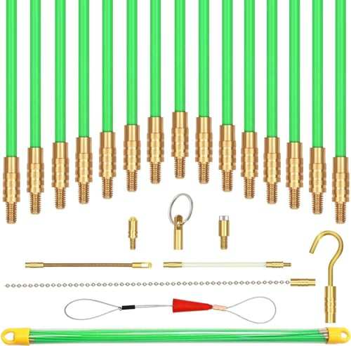 50 Feet Fiberglass Fish Tape Cable Rods, Electrical Wire Running Pull/Push Kit with Hook and Hole Kit Glow Rod, Hook Hole, Green