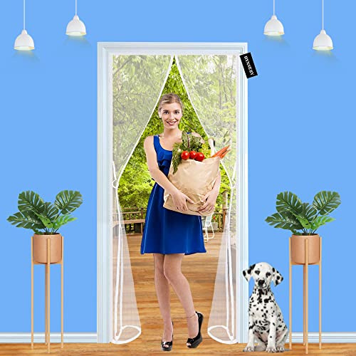 Magnetic Screen Door 90 x 210 cm Heavy Duty Mesh Curtain Keeps Mosquitoes Out, Toddler and Dog Friendly, No Tools Required - White A