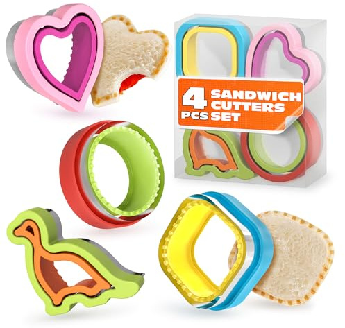4 Pcs Crustless Sandwich Cutter and Sealer Set - Sandwich Sealer and Cutter with 4 Shapes, Stainless Steel One Press Set for Neat Seals, Easy Release - Fits Standard 4x4 Bread for Creative Meal Prep