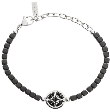 Breil, Collezione Mast, Bracciale Uomo in Acciaio ed Ematite, con Elemento Centrale Tondo in Acciaio Lucido e Fibra di Carbonio con Simbolo della Rosa dei Venti, Pratica Chiusura a Moschettone, Nero