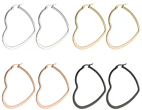 4 Paires Boucles d'Oreilles Créoles Pour Femmes Filles En Forme De Coeur, Boucles Créoles Géométriques Hypoallergéniques En Acier Inoxydable Boucles Femmes Ensemble De Boucles d'Oreilles Créoles 50MM