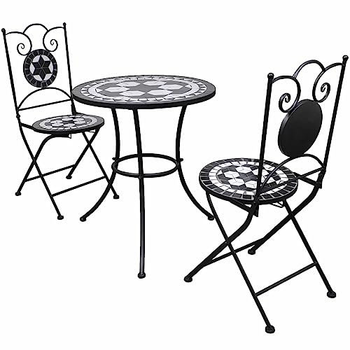 ZEYUAN 3-TLG. Bistro-Set, Bistrotisch Mit 2 Stühlen, Gartenset Tisch Und Stühle, Balkontisch Klein, Bistroset, Keramikfliese Schwarz/Weiß