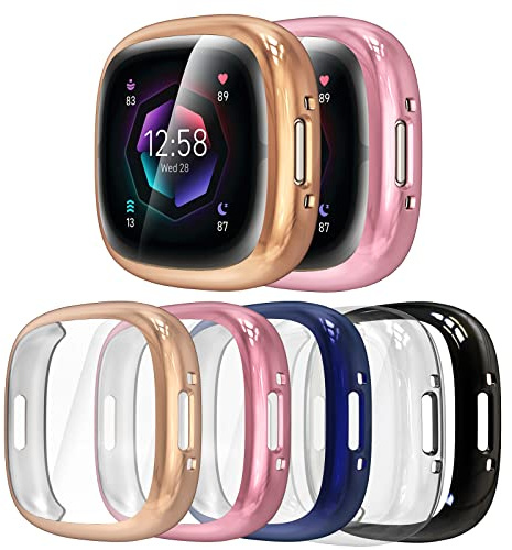 Bigqin 5 Stück Hülle mit Displayschutzfolie Kompatibel mit Fitbit Versa 4/ Sense 2, Kratzfeste TPU-Schutzhülle ultradünn - Transparent, Schwarz, Rosa, Blau, Rosegold