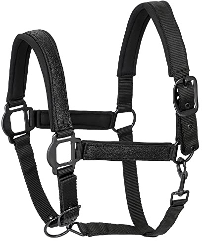Start Weiches Pferdehalfter mit Neoprenpolsterung – Verstellbares Nylon Halfter für Pferd – Weidehalfter & Stallhalfter – Reißfest & Komfortabel (Pony, Schwarz)