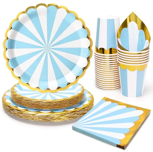 PARTY GO Lot de 96 fournitures de fête jetables bleues comprenant des assiettes en carton de 22,9 cm, des assiettes en carton de 17,8 cm, des tasses, des serviettes, pour pique-nique, fête