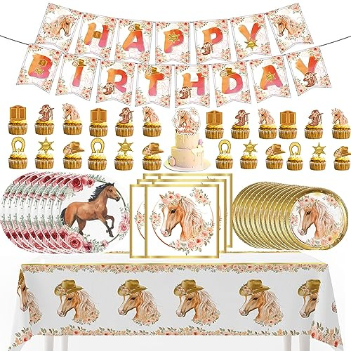Pferde-Geburtstagsdekorationen, rosa Western-Cowgirl-Zubehör, einschließlich Teller, Tischdecke, Banner, Servietten, Tortenaufsatz und Cupcake-Topper für Kinder