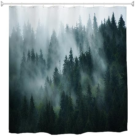 goodbath Wald Duschvorhang, Mysty Trees Duschvorhang-Set, 12 Haken, wasserdichter Stoff, Badevorhänge für Badezimmer, 180 x 180 cm, Grün
