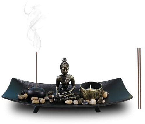 Zen Garten mit Buddha Figur: Nizirioo Dekor Japanischer Räucherstäbchen Halter Buddha Statue mit Natursteinen und Teelichthalter, Sitzende Buddha Statue für Geschenk, Meditation, Entspannung, Dekor