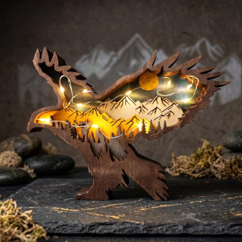 Drawelry Scultura in legno 3D di animali della foresta con luce notturna LED, artigianato in legno, sculture intagliate di panda, lupo, volpe, aquila, elefante, orso polare, decorazione per casa