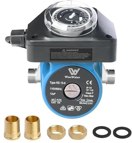 WiseWater 110V Circulation Pump with Timer, 130W 10 GPM Hot Water Recirculating Pump, Circulator Pump with 3/4 to 1/2 NPT Internal Connectors for Boiler, Solar Heater and Hydronic Radiant Heating
