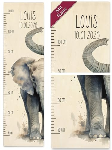 Messlatte Kind Holz - Kindermesslatte süßer Elefant mit Name und Datum I Niedliches Elefantenmotiv Babymesslatte Elefanten Design - 50-110 cm - Holz - personalisierte geschenke baby kinder