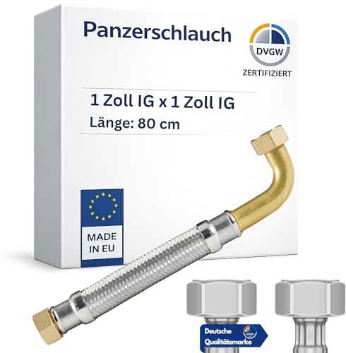 DVGW Tuyau blindé 3/4-1 30-150 cm, tuyau flexible, DN25 & DN19, raccord d'eau, chauffage, système d'adoucissement (80 cm, écrou de raccordement de 1 pouce avec écrou coudé x tuyau blindé de 1)