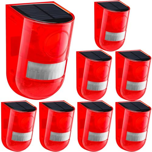 Qualirey Lot de 8 détecteurs de mouvement solaires sonores et lumineux 129 dB - Sirène de sécurité sonore extérieure étanche - 6 LED - Système d'alarme stroboscopique pour la maison, la villa, la