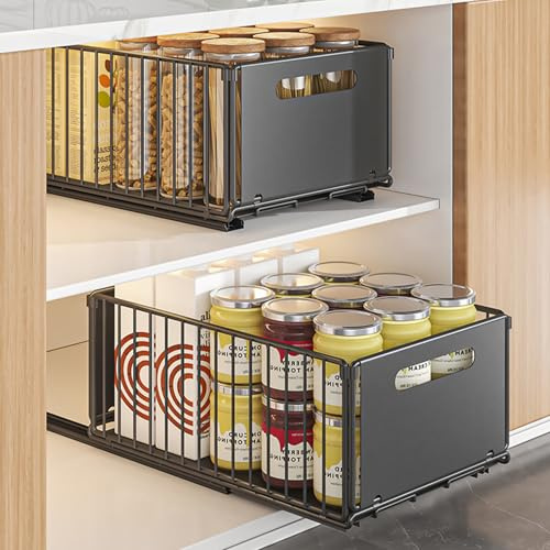 MaxEarn Pull-Out Cabinet Organiser | 2-Pack Sliding Storage Baskets | 37.5x24.5x19cm, No Drill Adjustable Drawers, Heavy-Duty Carbon Steel Mesh Drawers for Kitchen Cupboards, Black