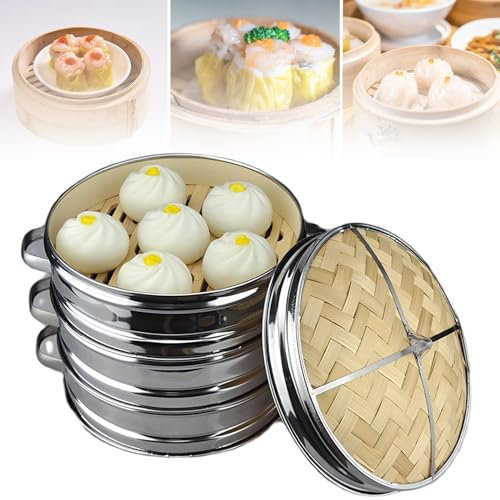 ANGDI Bamboo Stainless Steel Steamer, 3 Tiers Food Dim Sum Steamer with Lid, Dumpling Steamer Basket with Binaural Handle, Optional Outer Diameter 18/20/22/26/30cm, for Cooking Vegetables, Fish(20cm)