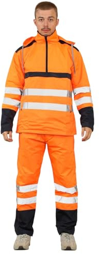 Janisramone® Tuta Impermeabile ad Alta visibilità da Uomo, Giacca con Cappuccio da Lavoro con Nastro Riflettente, Pantaloni con Vita Elasticizzata