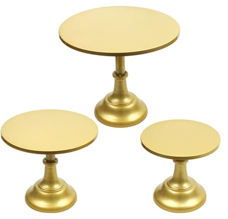 Porssaut Juego de 3 soportes de metal dorado para tartas, altos, medianos y bajos, para mesas de boda, estantes para tartas (dorado)