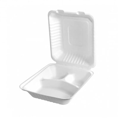 50 Lunch Box Boîtes Menu 3 Compartiments 229 x 229 x 44,8 mm en Pulpe de Canne Biodégradables Usage Unique - D-Work