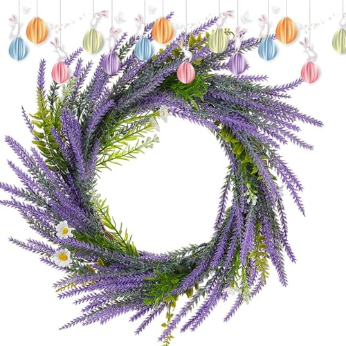 Corona di lavanda per porta d'ingresso, ghirlanda fatta a mano per Pasqua | Corone di lavanda per porta d'ingresso, decorazione per interni ed esterni della finestra da parete m