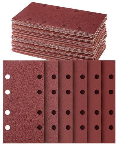 KAHEIGN 60Pcs Sanding Sheets, 40/60 /80/120 /180/240 Grits Hook and Loop Sander Pads 8 Holes Sander Paper Fit Rectangular Sander (185mm x 93mm)