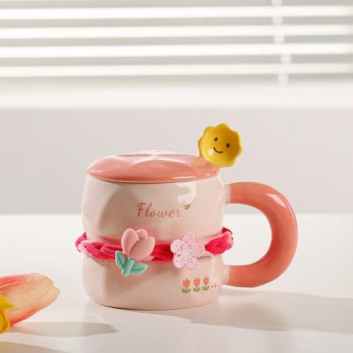 MAGICVOGEL süße Blumen Kaffeetasse 380ml Blumenbecher mit Deckel und Löffel Cute Teetasse Milchbecher mit großem Henkel für Geburtstag Valentinstag Weihnachten Muttertag (Rosa)