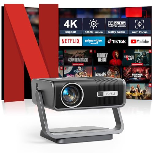 Mini Beamer, VOPLLS 23000L E-Fokus Trapezkorrektur Klein Projektor 4K Unterstützt, Portable Projectok WiFi6 Bluetooth 5.2 Full HD 1080P, Tragbarer Video Projector für Handy/TV Stick/Laptop/HDMI