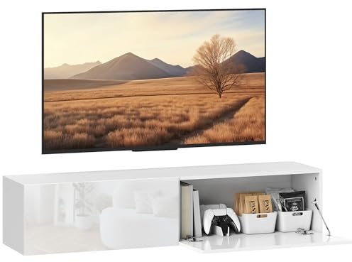HOMCOM Mobile TV Sospeso per Televisori da 45-55-65, Mobile Porta TV con 2 Armadietti e Ante a Ribalta, per Soggiorno, Camera da Letto e Salotto, 140x33x29.8 cm, Bianco Lucido
