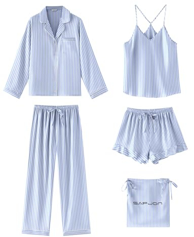 SAPJON Satin Silk Pajamas for Women Set 5PCS Classic Button Down Pajamas Top and Pants Cami and Ruffle Shorts Sleepwear Blue Stripe