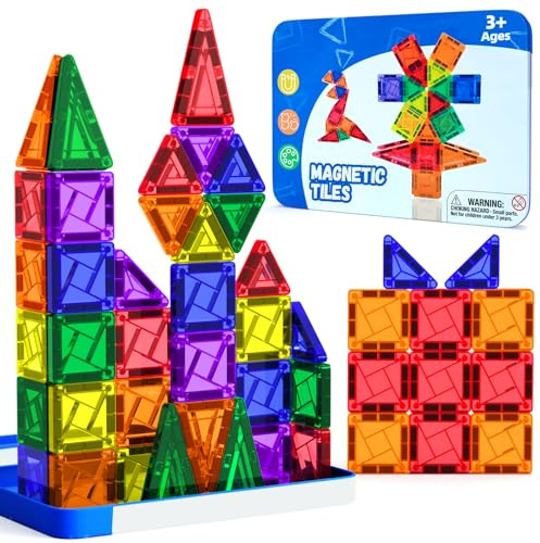 Riswistoy Magnetische Fliesen 42 Stück, Mini Magnetbausteine ReiseSet, Magnetbausteine für Kinder Kreatives Spielen & Unterwegs Basteln, Praktisches MagnetTravel Set