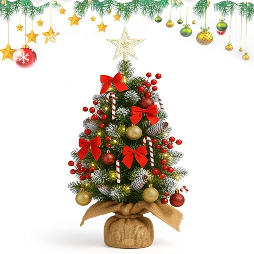 GWAEPU Mini Künstlicher Weihnachtsbaum mit Beleuchtung: 60cm LED Weihnachtsbaum Geschmückt mit Tannenzapfen Weihnachtskugel Christbaumspitze für DIY Weihnachtsdeko Tischdeko