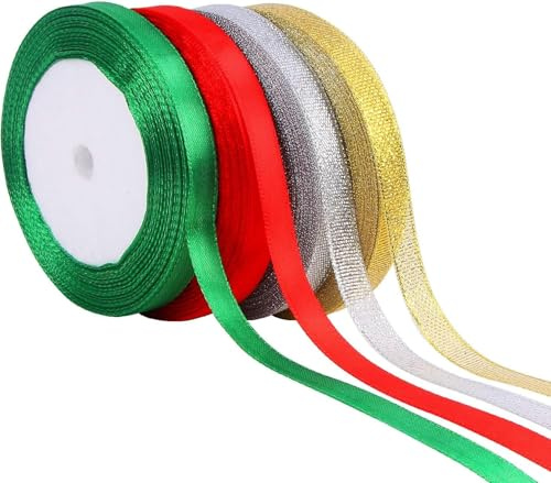 4 Rotoli Nastro Natalizio, Nastri Natalizi 1 cm di Larghezza, 88 Metri Nastro di Raso Rosso Verde Oro Argento Nastros di Natale, Nastri Decorativo, Nastros Regalo Natalizio per DIY Artigianato (A)