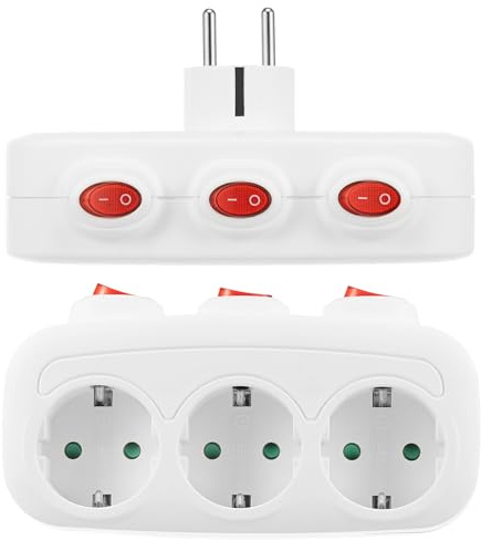 Lot de 2 Multiprise avec Interrupteur Individuel 3 Prises Bloc Multiprise avec Protection Contre Les Surcharges, Sécurité Enfant, 16A 250V Multiprise Portable pour Maison Bureau