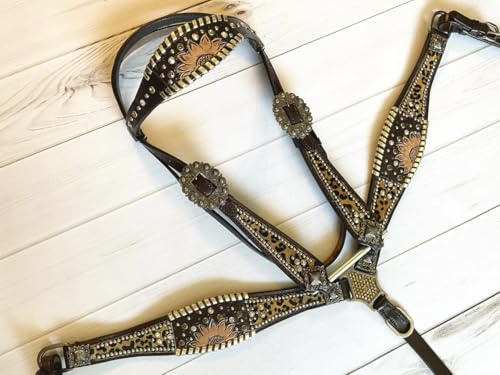 EQUIEMPRESS Western-Leder-Set mit handgefertigtem Kopfstück und Vorderzeug mit Zügeln. /Size-Full,Cob,Pony AM-29 (Pony)