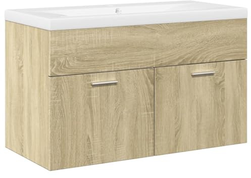 Mokuyary Mobiletto da bagno con lavabo a incasso, in rovere Sonoma, con 2 ante, mobiletto da bagno, cucina, mobili da bagno