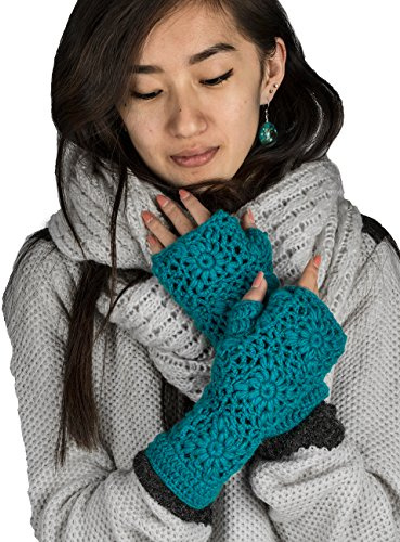 Tribe Azure Fair Trade Arm Warmers Women, Warm Winter 100% Wool Hand Knit Crochet hand warmers gloves, wrist warmers women, Knit Fingerless gloves (Blue)
