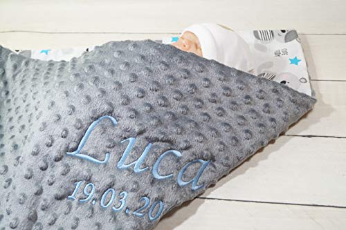 MitNamen ★ Babydecke und Datum Bestickt ★ Minky ★ Baumwolle ★ Füllung ★ (75 x 100 cm, Grau - Bären)