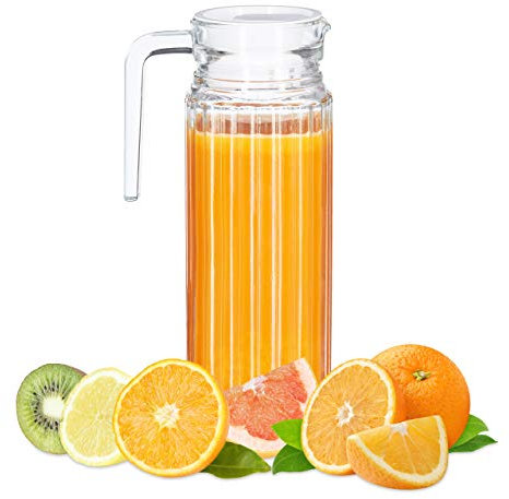 Relaxdays Caraffa in Vetro da 1 l, Manico, per Hotel, Lavabile in Lavastoviglie, con Coperchio, Allungata, Trasparente
