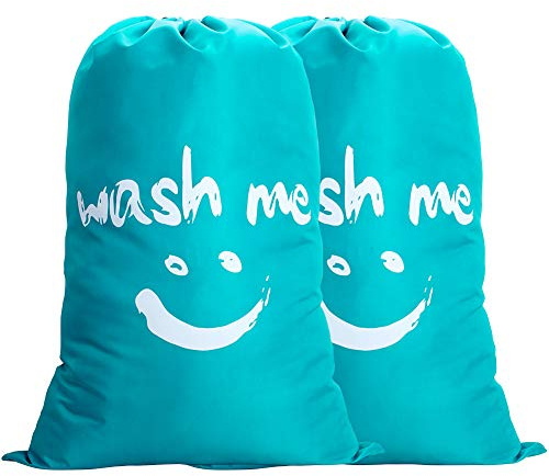 IHOMAGIC Set de 2 Bolsa de Colada con Cuerda Nilón Cesto para Ropa Sucia Plegable para Baño con Organizador Lavandería para Cocina Dormitorio Hotel de Viaje Gran Capacidad 120L 61x92cm, Azul Sonrisa