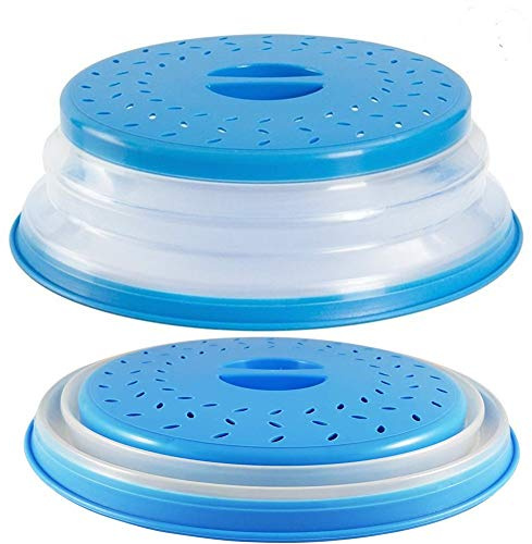 Aranticy 2Pcs Collapsible Microwave Plate Cover Dishes Food Splatter Guard Plastic Colander Strainer with Steam Vents for Fruit Vegetables,BAP Free and Non-Toxic Kitchen Tool (Blue)