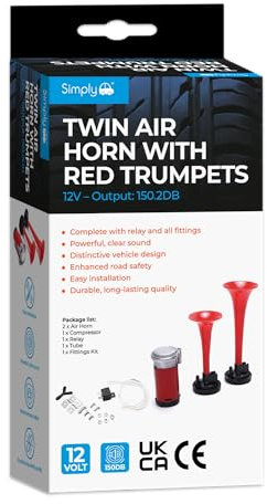 Simply HN20 Twin Air Horn With Red Trumpets - All Inclusive Kit - Booming Sound - Extremely Durable - Maintenance Free