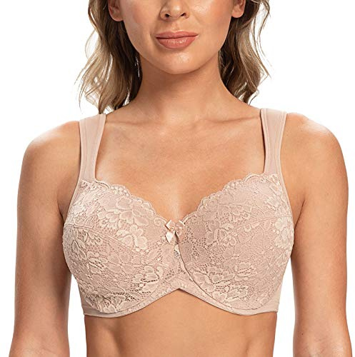 CASOLACE Mujeres Busto Completo Encaje Sexy Aros Sin Forro Sujetador Minimizer Beige-cordón 105E